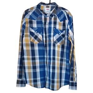 Men's Levi's XL Classic Barstow Western Shirt Blue Yellow White Plaid Snap Front